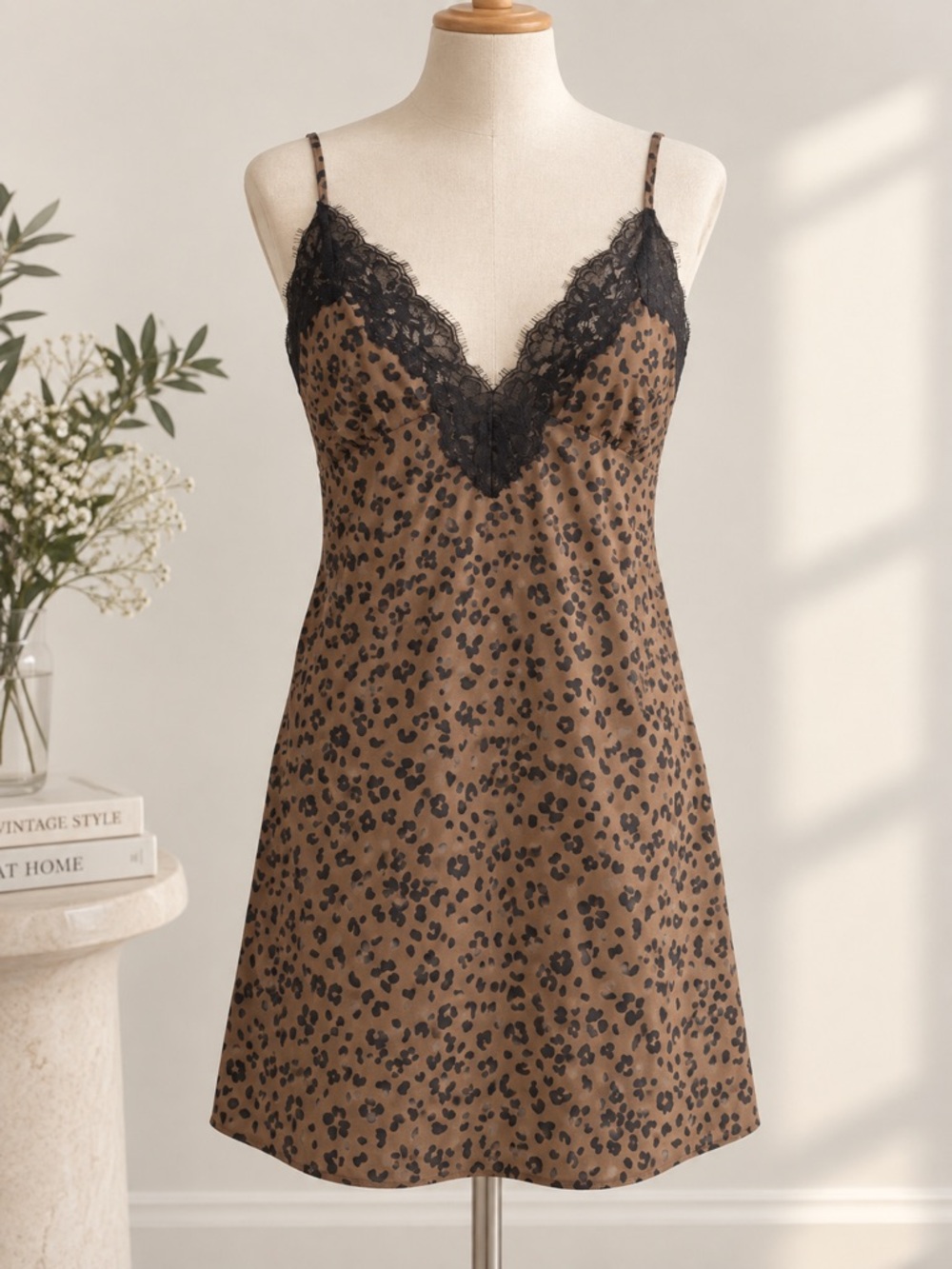 Auden Lace Trim Leopard Chemise Slip Dress or Nightwear- Brown S
